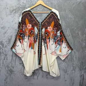 Rose+Olive Womens 3X Kimono Sleeve Floral V-Neck Blouse Cream Orange Boho Top